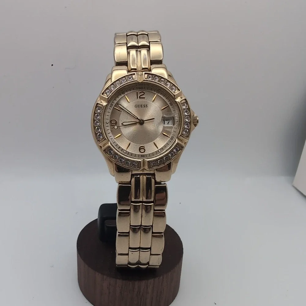 Guess Women's UB5110L1 Waterpro Analog/Date Watch. Gold Tone w Crystal, Works.